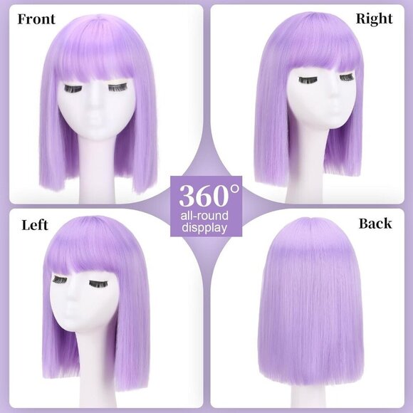 💫 Women Purple Short Bob Wigs Straight Bangs Lavender Synthetic Colorful Hair - Picture 2 of 6